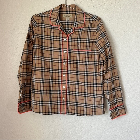 Burberry Tops - Burberry Tan Plaid Button-Up Shirt with Pink Trim Detail